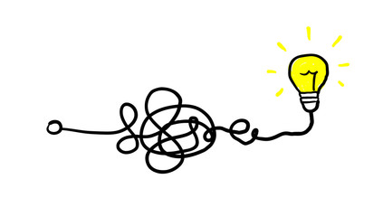 Simplifying the complex, confusion clarity or path vector idea concept with lightbulbs doodle illustration