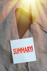 Conceptual hand writing showing Summary. Concept meaning a brief statement or account of the main...