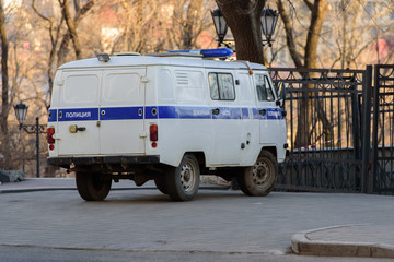 An old minibus used by the police in the USSR. Modern Russia.