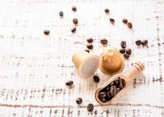 Composted coffee capsule. Espresso coffee Capsules from wood in the box. BIO coffee, compostable...