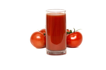 a glass of tomato juice and red, ripe tomatoes on a fresh lettuce leaf, isolated on a white background