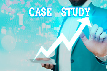 Text sign showing Case Study. Business photo showcasing man and a specific research design for...