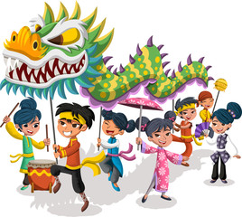 Cartoon children celebrating the Chinese New Year with dragon. Traditional asian celebration.