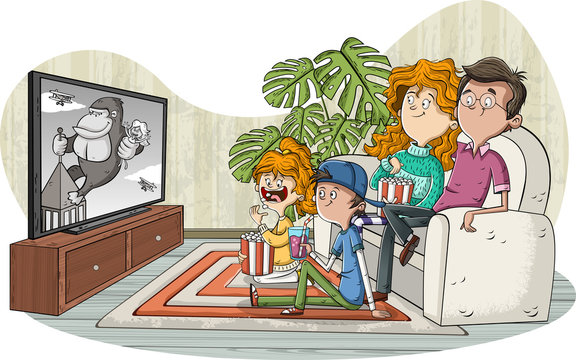 Happy cartoon family in the living room watching old movie on tv.