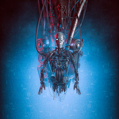 Robot under repair / 3D illustration of futuristic metallic science fiction male humanoid cyborg torso hanging from cable machinery - 333463801