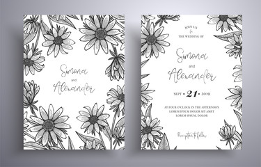 Engraving invitation with frame of leaves and flowers. Botanical template with space for your text. Beautiful cards that can be used for design cover, invitation, greeting cards, brochure and etc