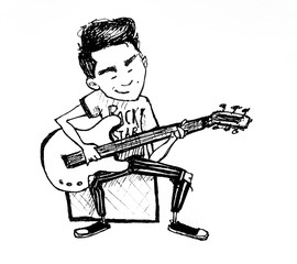 illustration of young happy man sitting and playing the electric guitar isolated on white 