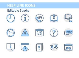 Set of Help And Support Vector Line Icons. Contains such Icons as Handbook, Book, Online Help, Tech Support and more. Editable Stroke. 32x32 Pixels