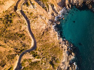 Aerial of winding coastal road
