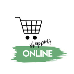 Online shopping. Basket icon and lettering isolated on white background. Vector.