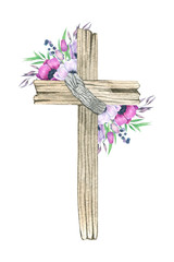 Watercolor Flower wood Cross. Easter Cross with flowers bouquet.  Baptism, Holy Spirit. Easter religious cross perfect for card making and Easter invitation