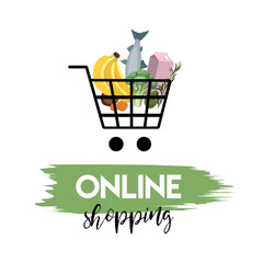 Online shopping. Basket icon and food bananas, fish, avocado, milk, broccoli. Stay home. Vector illustration. 