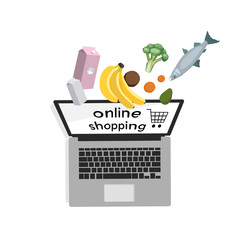 Online shopping. Laptop and food bananas, milk, avocado, oranges, coconut, broccoli, fish. Vector illustration. Top view. Stay home. - 333465480