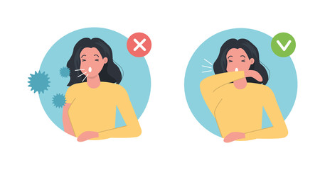 How to sneeze right and wrong Infographic. Woman character sneezing in elbow. Virus spread prevention. Flat vector illustration.