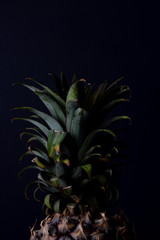 Raw fresh pineapple on wooden background. Low key effect.