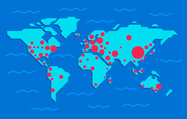 Map global planet earth point virus dissemination, blue background.