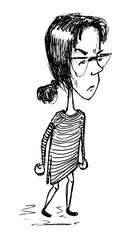 Hand drawn sketch of cartoon character young cute woman in glasses standing isolated on white