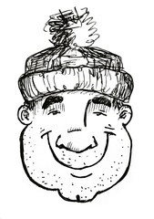 Hand drawn sketch portrait of cartoon character fat man in hat smiling isolated on white