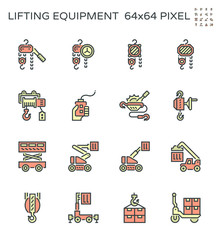 Winch and lifting equipment vector icon set, 64x64 pixel perfect and editable strok