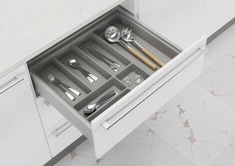 Open kitchen drawer with cooking utensils. Storage and organization of the kitchen. 3d rendering. - 333467894