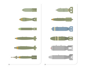 The set of aerial bombs is isolated on a white background. The set of bombs has different forms and colors. Vector illustration, eps 10.