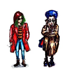 Hand drawn sketch of two cartoon characters young fashion women standing isolated on white