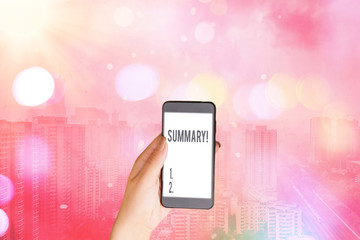 Text sign showing Summary. Business photo text a brief statement or account of the main points of...