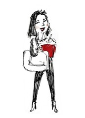 Hand drawn sketch of young fashion lady standing with the red tablet and smiling isolated on white