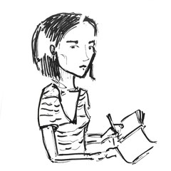 Fototapeta na wymiar Hand drawn sketch of cartoon character young woman writing or drawing something on the notebook isolated on white