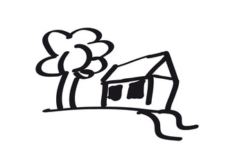 House and tree. Hand drawn, kids style vector illustration. Black line, stroke, sketch.