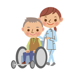 老人の車いすを押す介護士の女性