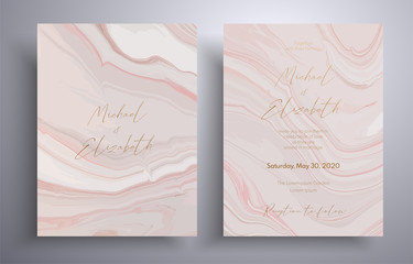 Vector wedding invitation with with swirling paint effect. Pink, beige and white overflowing colors. Beautiful cards that can be used for design cover, invitation, greeting cards, brochure and etc