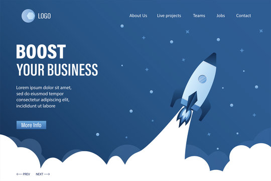 Boost your business landing page template. Spaceship takes off into space. Expansion or optimization