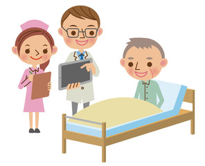 タブレット端末を使って患者へ説明する回診中の医師