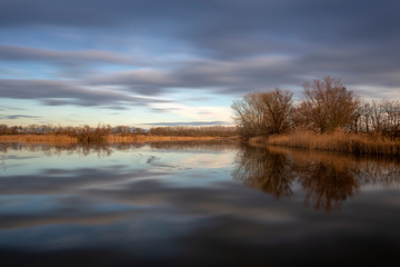 Pond Vrkoc - colorful sunset at the pond, reeds and mature trees on the edges.