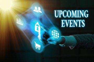 Conceptual hand writing showing Upcoming Events. Concept meaning the approaching planned public or...