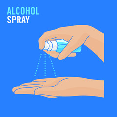 spraying alcohol on hand. alcohol spray. Spraying Anti-Bacterial Sanitizer Spray, Hand Sanitizer Dispenser, infection control concept. Sanitizer to prevent colds, virus, Coronavirus, flu. flat icon.