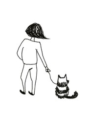 Hand drawn sketch of cartoon characters young woman standing with her pet Isolated On white back View