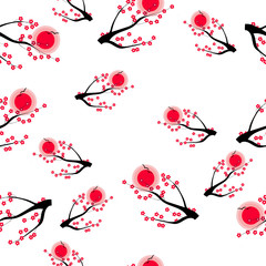 Seamless pattern with blossoming sakura branches and the sun on a white background. Vector flat. Use for fabric, textile, napkins, packaging, wallpaper, web design.