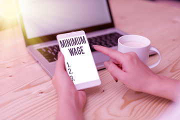 Text sign showing Minimum Wage. Business photo text the lowest wage permitted by law or by a...