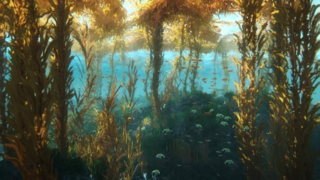 Underwater world, a school of fish swimming through dense seaweed