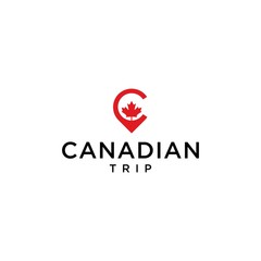 canadian trip travel logo design vector image with red maple and location icon concept illustration