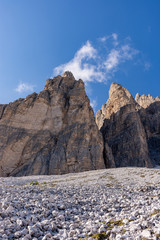 Panoramic view of the Dolomites at sunrise from the three peaks of Lavaredo