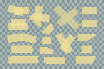 Adhesive and masking tape set  with shadow  isolated on transparent background. Vector realistic  ripped different adhesive tape pieces.