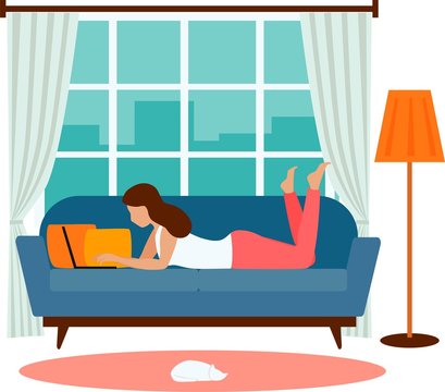 Young woman working on a laptop from home. Vector illustration