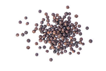  black pepper seeds or peppercorns) isolated on white background. Top view.