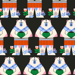 Scandinavian White Bear With Hazelnut And Flowers Seamless Pattern