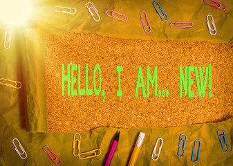 Writing note showing Hello I Am New. Business concept for used greeting or begin telephone...