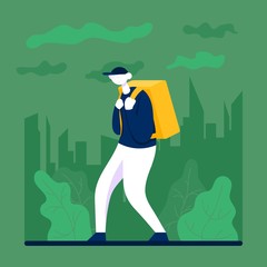 Сourier with a backpack goes to deliver the package. Flat vector