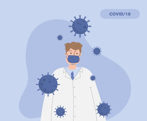 Vector Illustration. Medical doctor wearing protective mask.